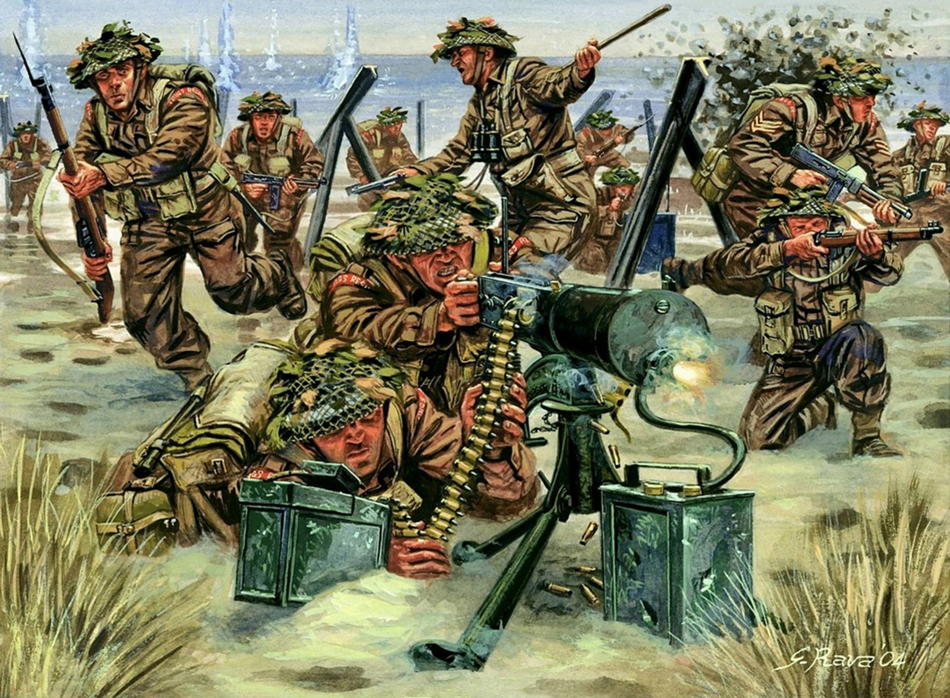 art soldiers british landing on shore under hail bullets squad in head with commander shooting explosions battle ww2 artist giuseppe rava