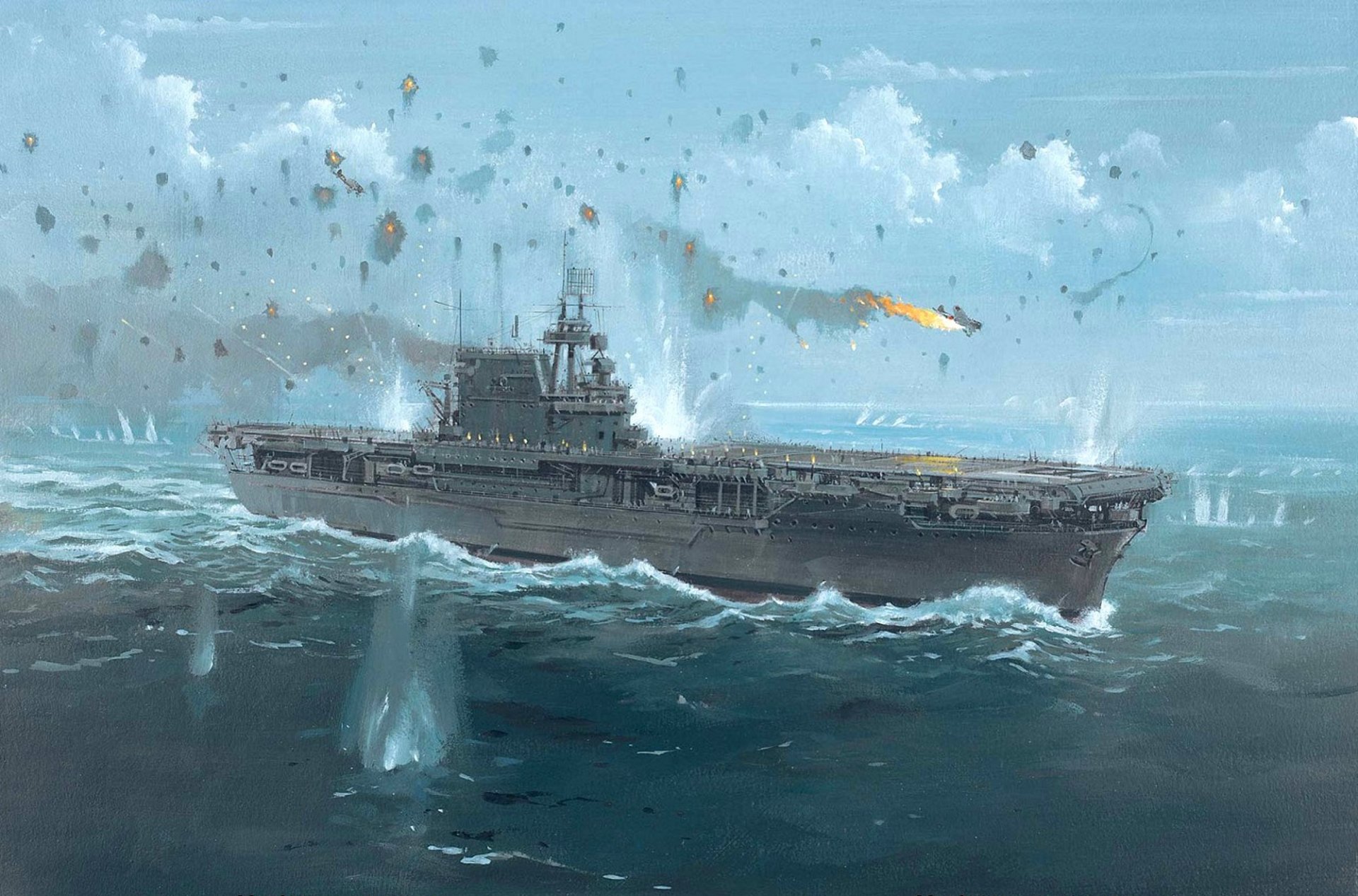 art enterprise enterprise cv-6 flugzeugträger us navy kampf vor den salomonen 24. august 1942 reflexion des angriffs japanischer flugzeuge schüsse gap breaks ww2 zeichnung