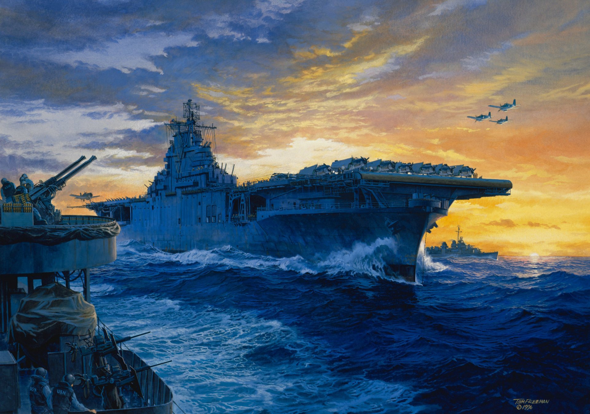 art navy malarstwo na stacji lotniskowiec samoloty pacific theatre usa japonia 1942 1945 ww2 artysta tom freeman