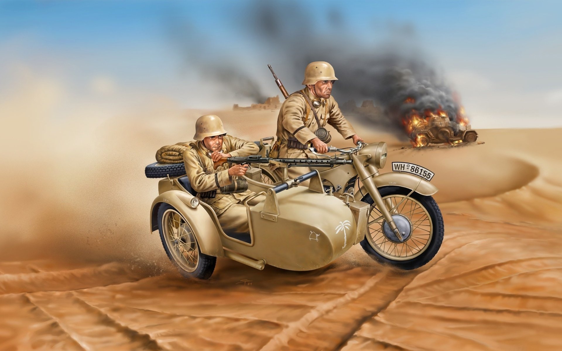 arte arena motocicleta alemán soldados armas humo quema vehículo blindado ww2