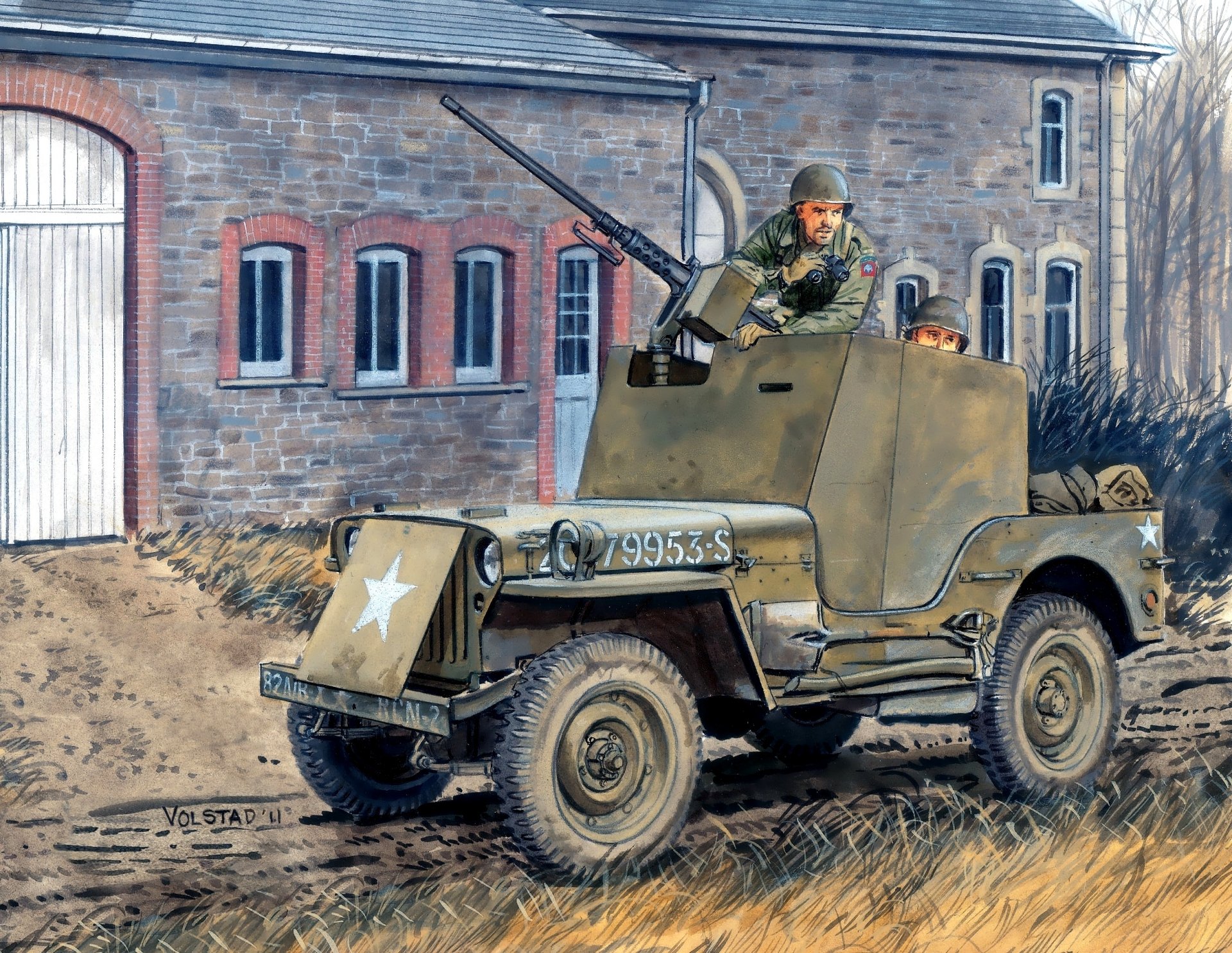 art american jeep willis with a machine gun m2 protection men road street ww2 picture