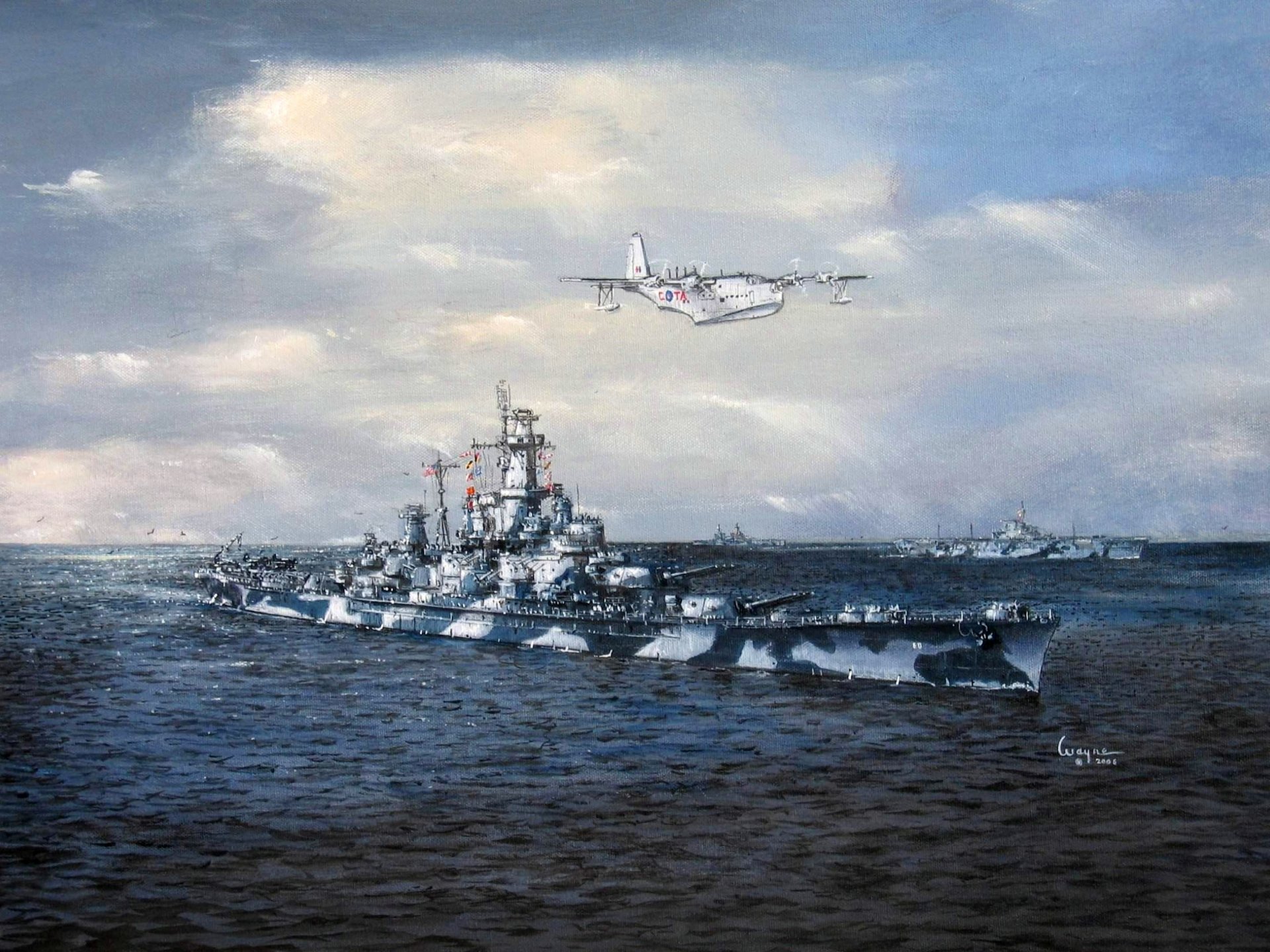 kunst meer alabama uss alabama bb-60 linienschiff himmel enterprise flugzeugträger wasserflugzeug konsolidierte pb2y coronado us navy ww2 zeichnung