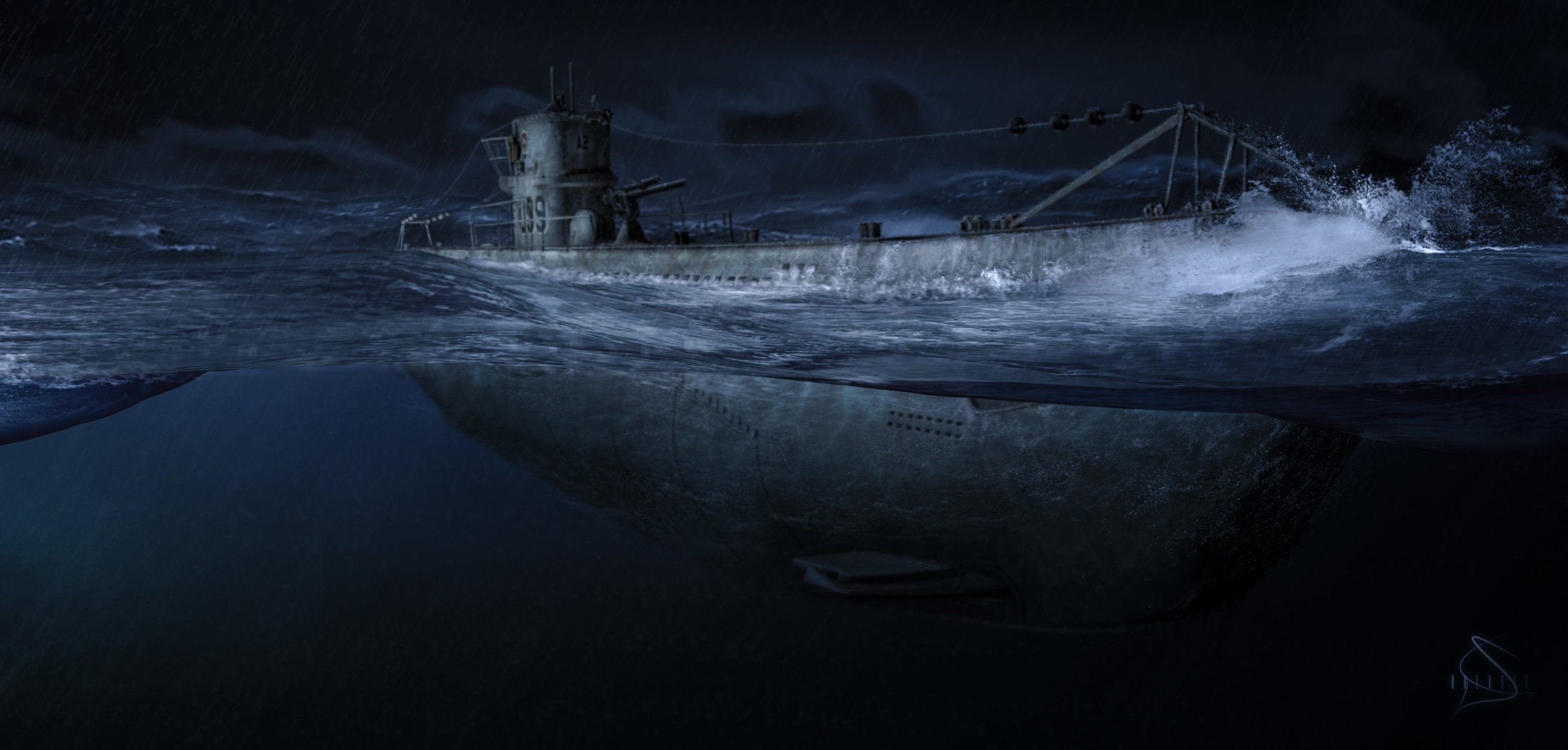 art ocean night submarine submarine u-99 one of the most famous and formidable submarines german army world war ii