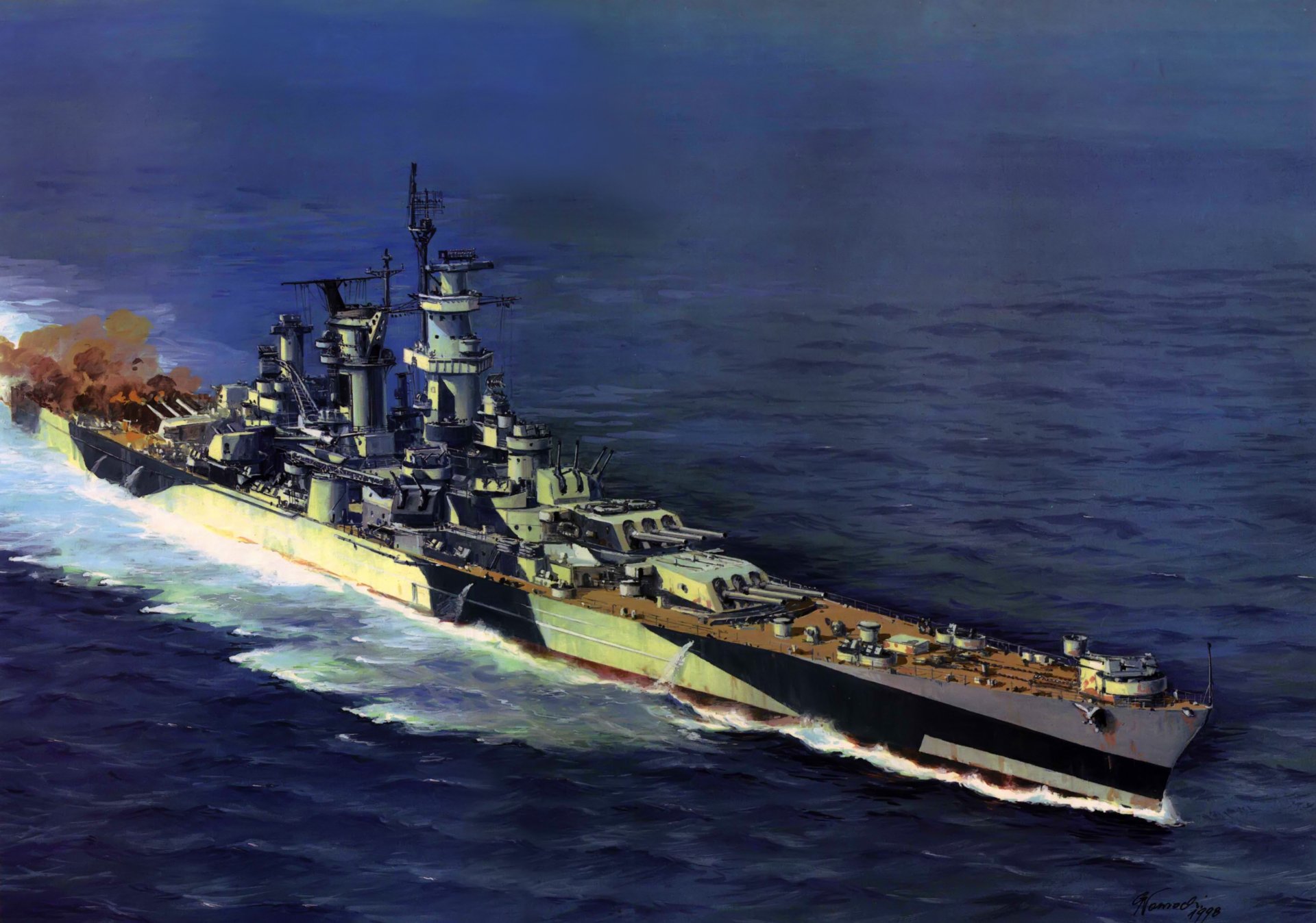 arte mare alaska incrociatore da battaglia us navy salva fuoco fumo ww2 figura