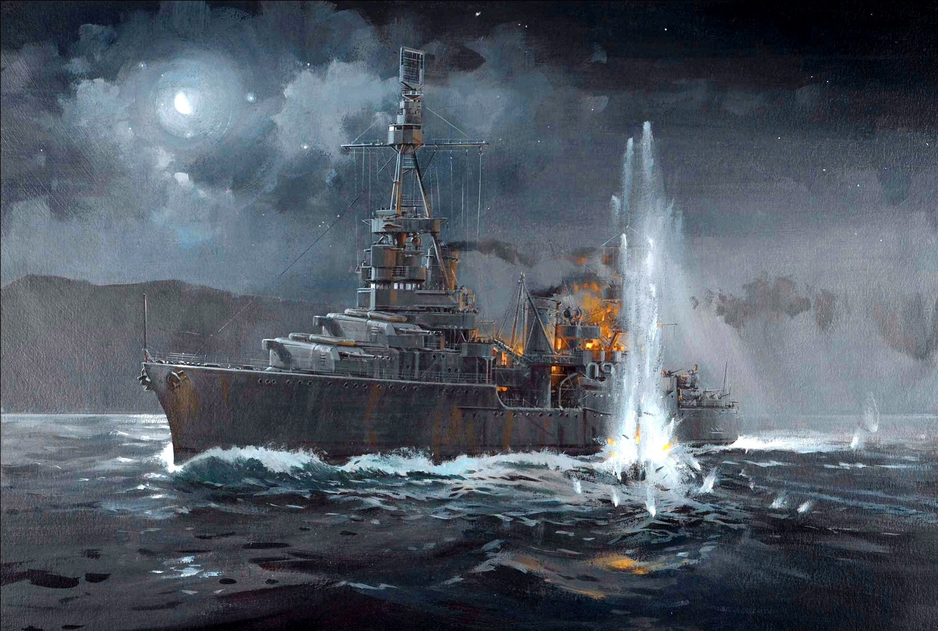 arte noche batalla naval en tassafarong 30 de noviembre de 1942 estadounidense crucero pesado northampton babor torpedo explosión fuego ww2 dibujo