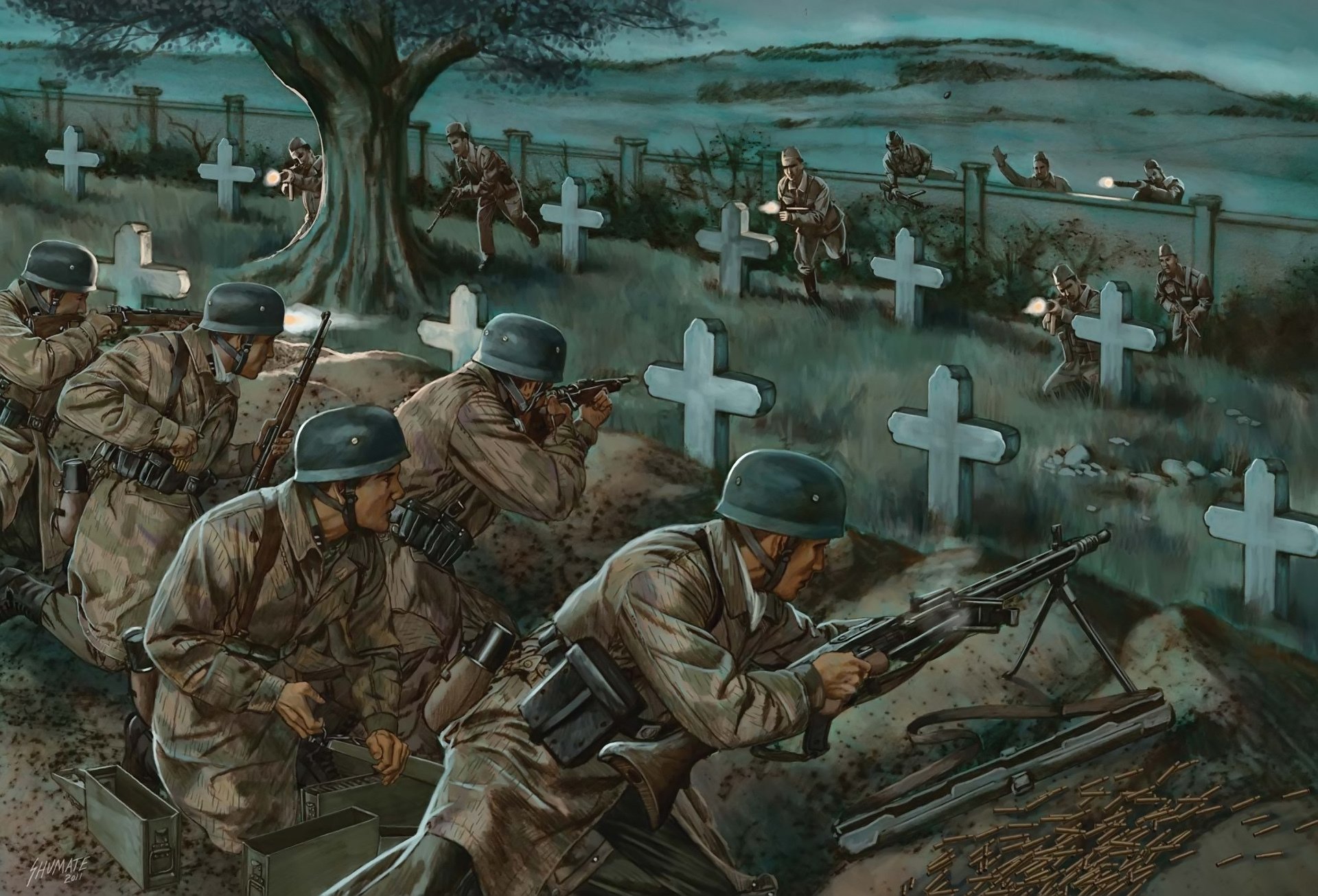 arte guerra cementerio batalla disparos soldados rifles ww2 dibujo