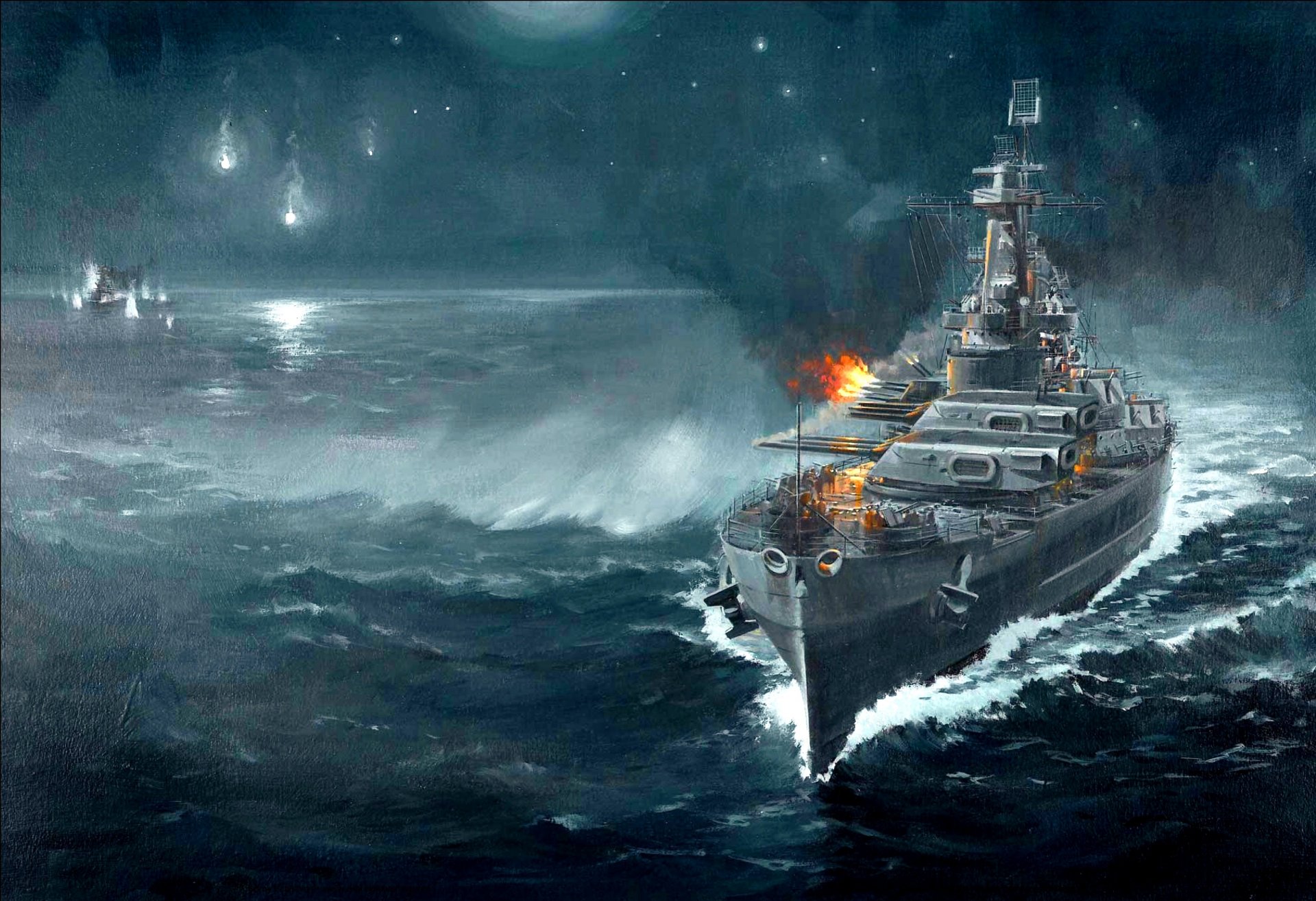 kunst guadalcanal nacht 14. november 1942 seeschlacht amerikanisches linienschiff washington japanisch linear kreuzer kirishima artillerie-duell ww2 zeichnung