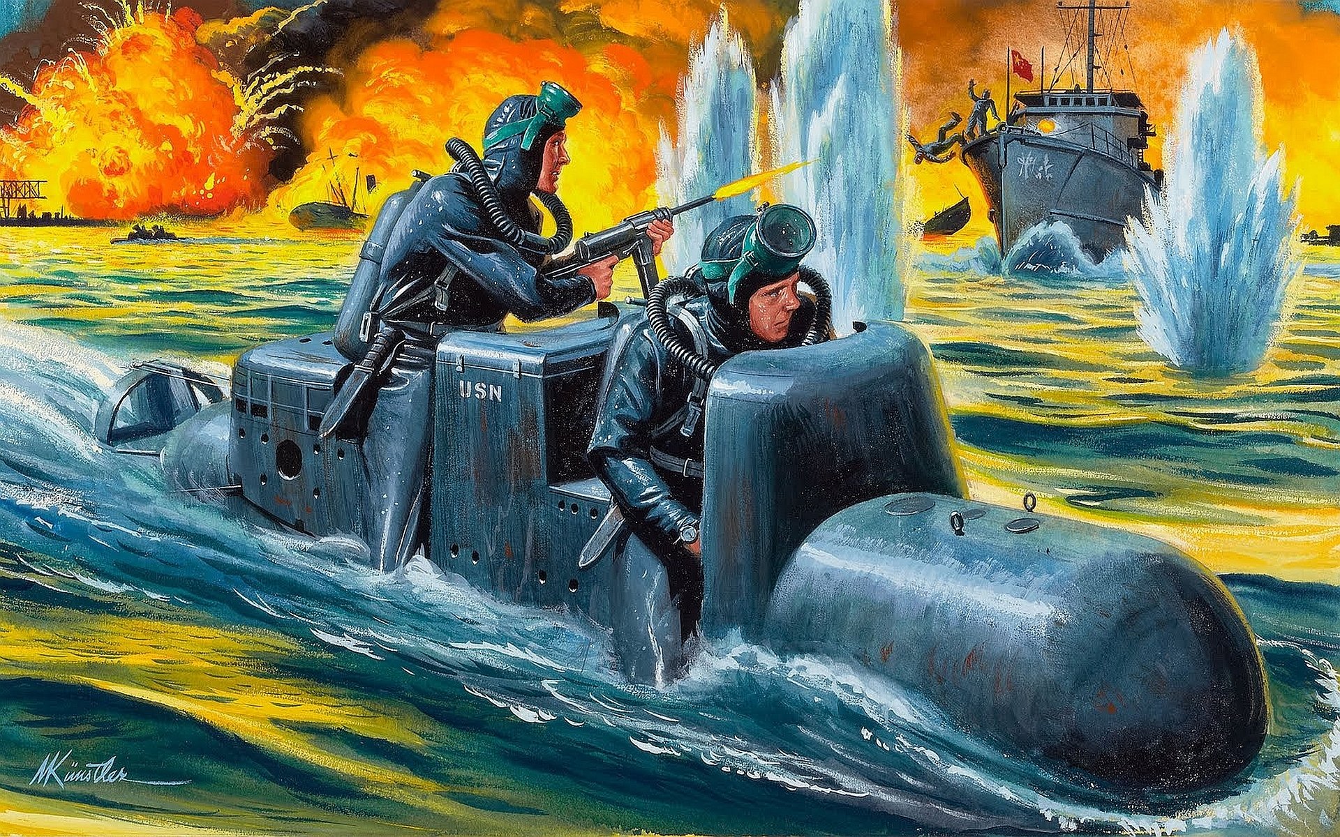 art the port area of water man-torpedo slc italian frogmen attack ships explosions fire ww2 picture