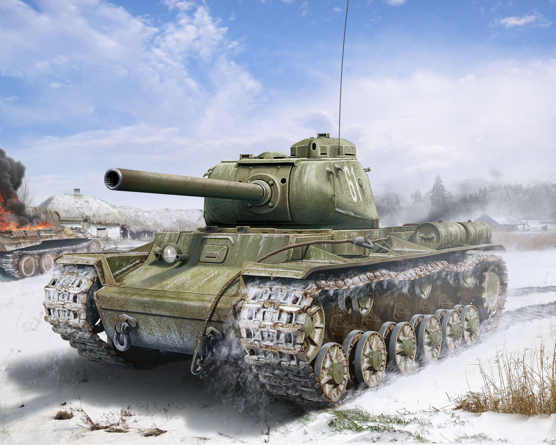 art tank kv-85 kv-85 klim voroshilov soviet caliber 85-mm d-5t created for breakthrough powerful defensive lines winter battle 1943 artist valery petelin ussr wwii ww2