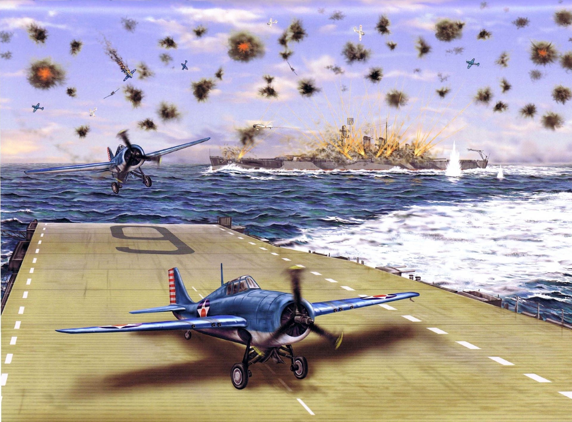 art guadalcanal august 71942 reflection attack japanese aircraft shots fire cap ruptures american ships battleship north carolina the aircraft carrier uss enterprise carrier-based fighter grumman f4f-3 wildcat gotovno