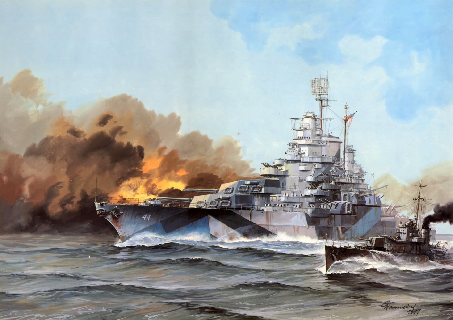 kunst meer wellen kalifornien uss bb-44 linear schiff tenn-typ us navy hauptkaliber feuer rauch ww2 zeichnung