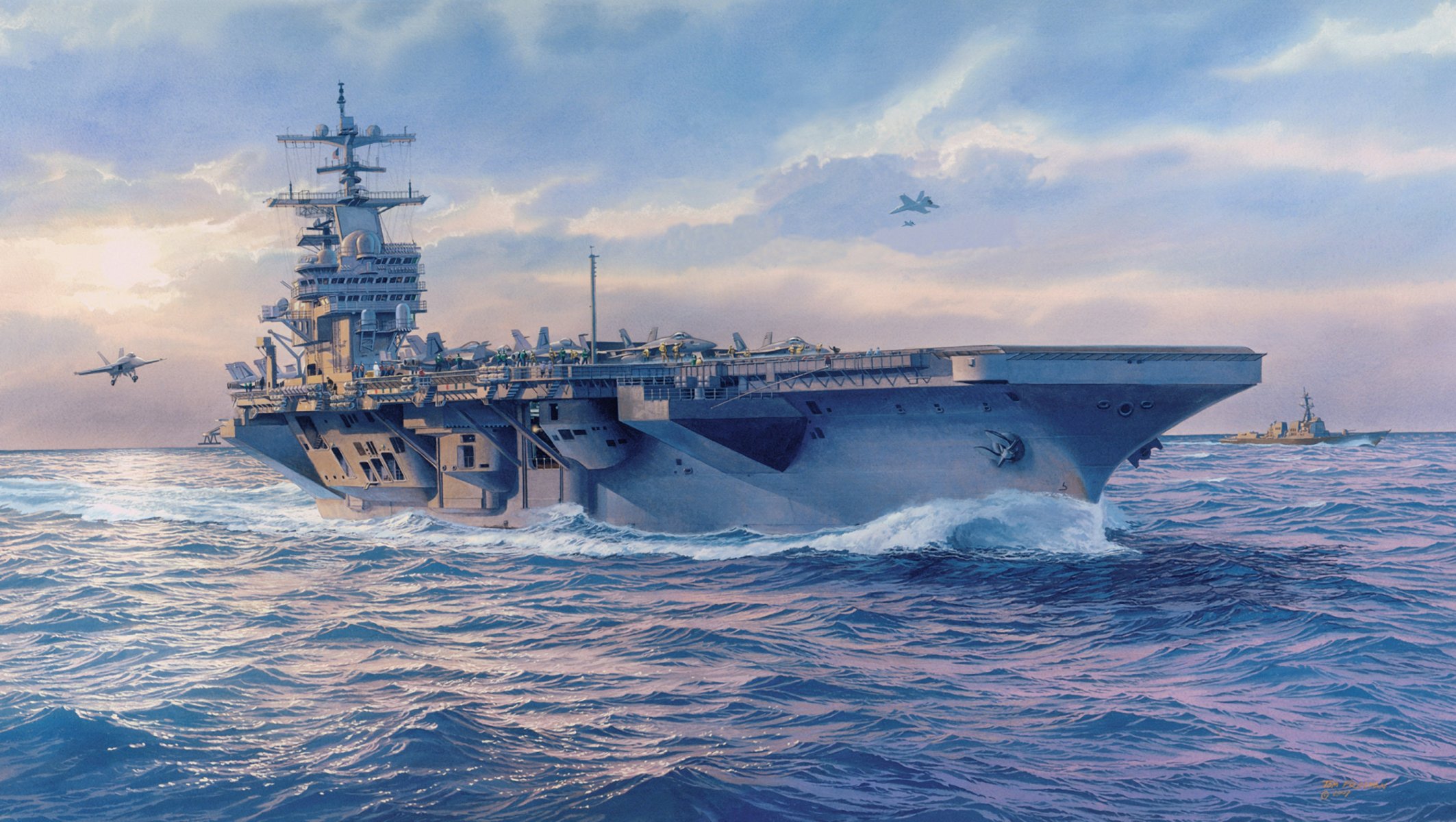 art fleet painting ships fredericksburg landing ocean aircraft carrier planes artist tom freeman