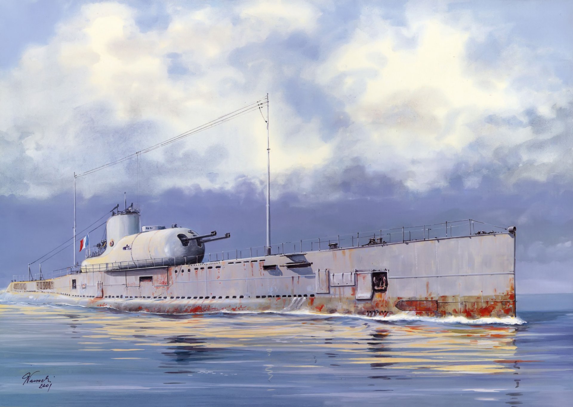 arte agua surcouf surcouf francés diesel submarino segunda guerra mundial dibujo