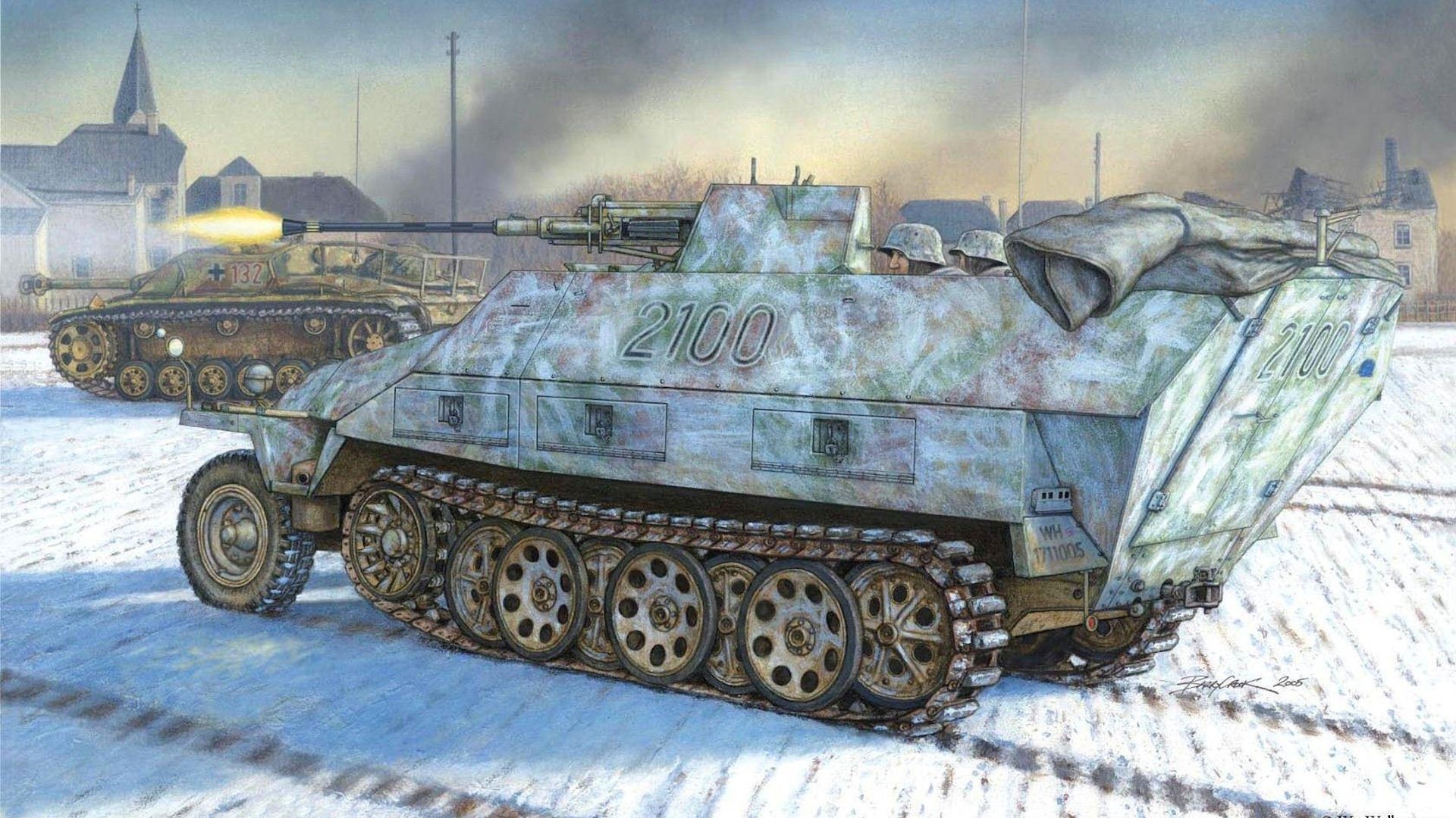 d kfz 251 ausf 17 g flak 38 selbstfahrende flak-anlage halbkugelpanzer sonderkraftfahrzeug stug iii sturmgeschütz krieg kampf winter zeichnung