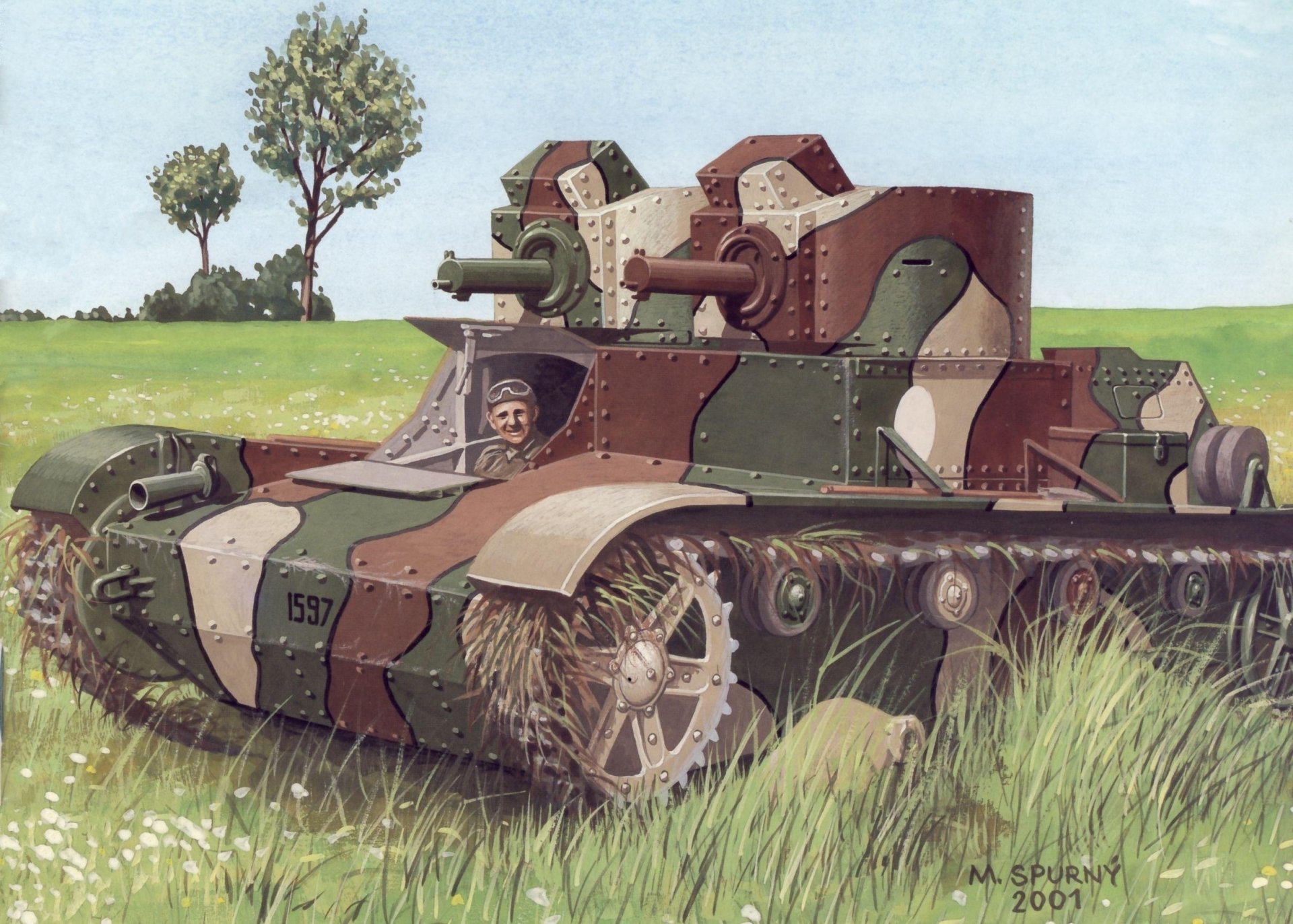 art the field grass 7tp poland two-towered tank 1930-ies two 92-mm machine guns ckm wz.30 a driver doctrine picture