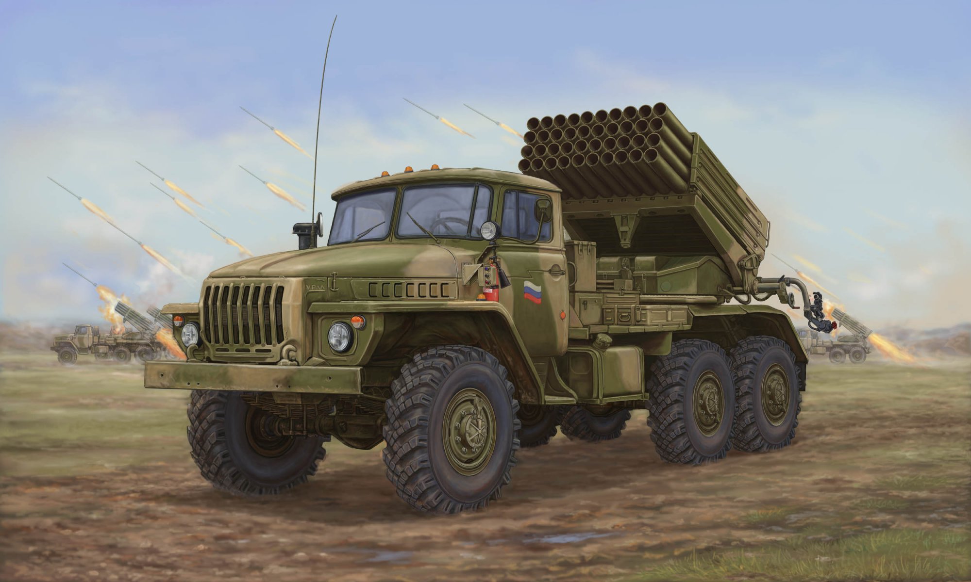 art bm-21 mlrs 9k51 grad soviet jet system volley fire caliber 122 mm. on base truck car ural designed defeat open sheltered live force various conditions combat situation russia artist vincent vai