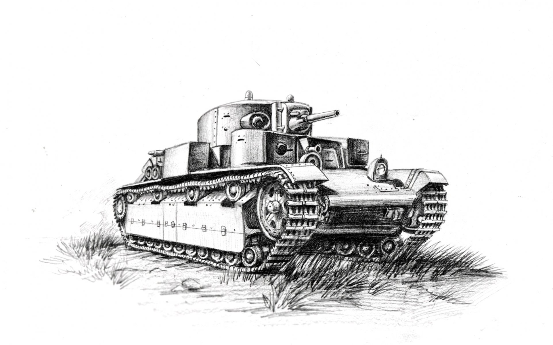 arte t-28 soviético medio tanque lápiz dibujo en blanco y negro