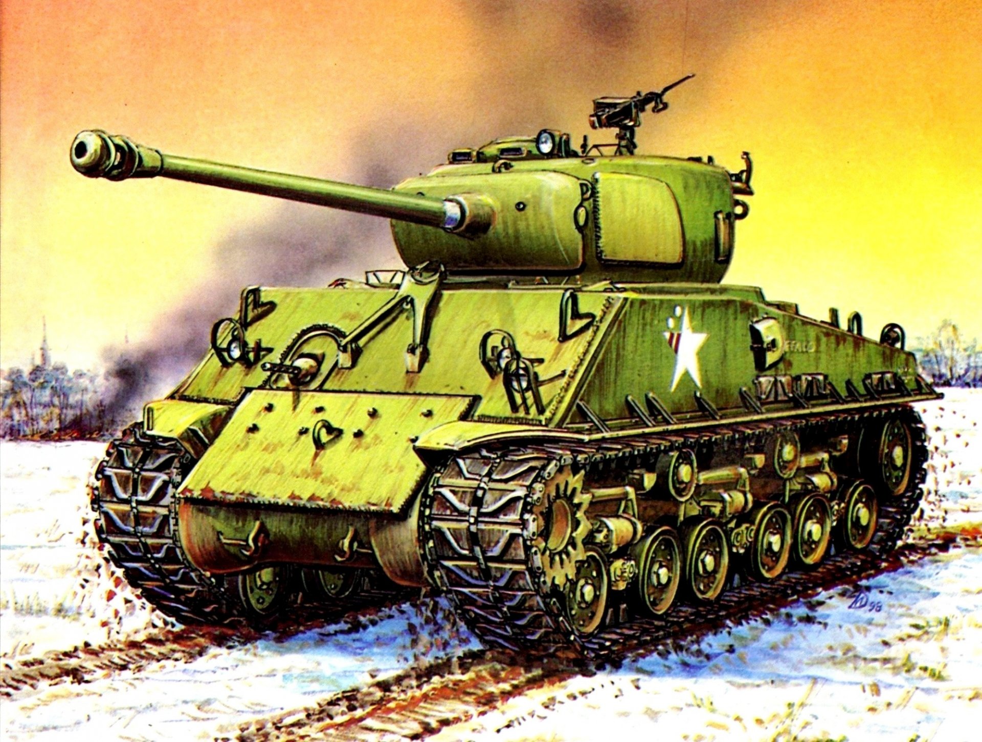 art the field winter snow m4aze8 sherman american medium tank with a long-barreled 76 2-mm gun ww2 picture