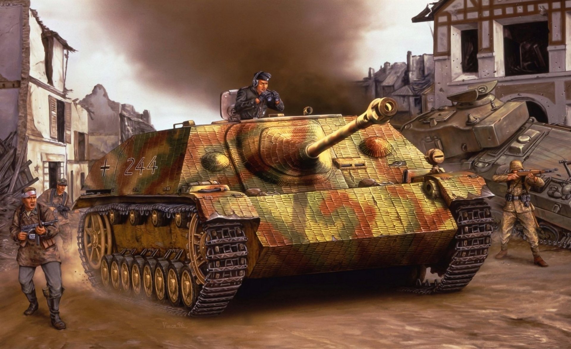 arte jagdpanzer iv jagdpz iv medio peso tedesco artiglieria semovente installazione cannoni semoventi classe caccia carri armati tempi seconda guerra mondiale città strada tedesco soldati abbattuto americano carro armato