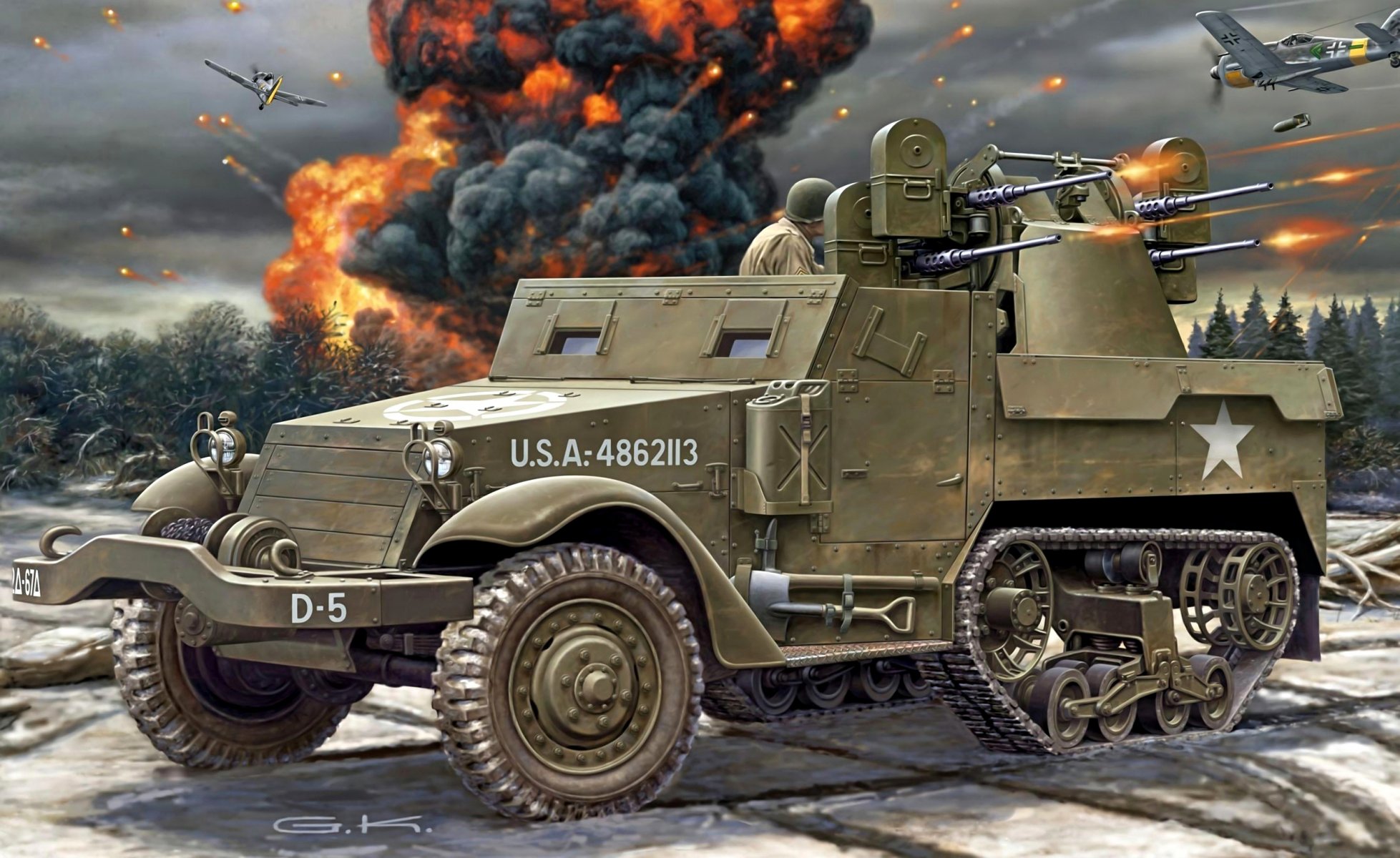 art m3 half-track personal transportista americano semi-pista transporte blindado de personal m16 zsu ametralladoras browning disparos bombas rupturas ww2 figura