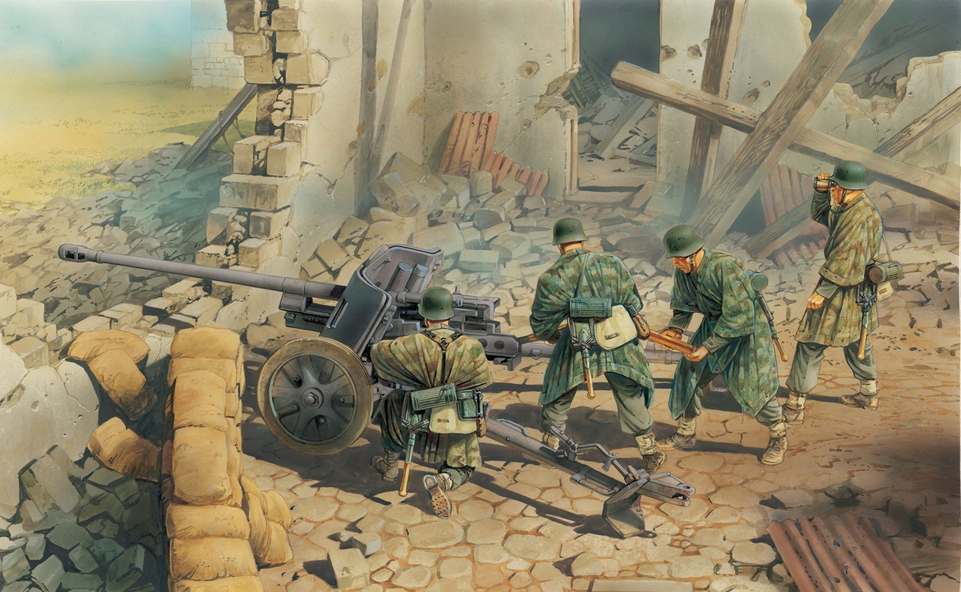 art war pak-38 niemiecki pistolet przeciwpancerny artylerzyści na pozycji ognia ww2 rysunek