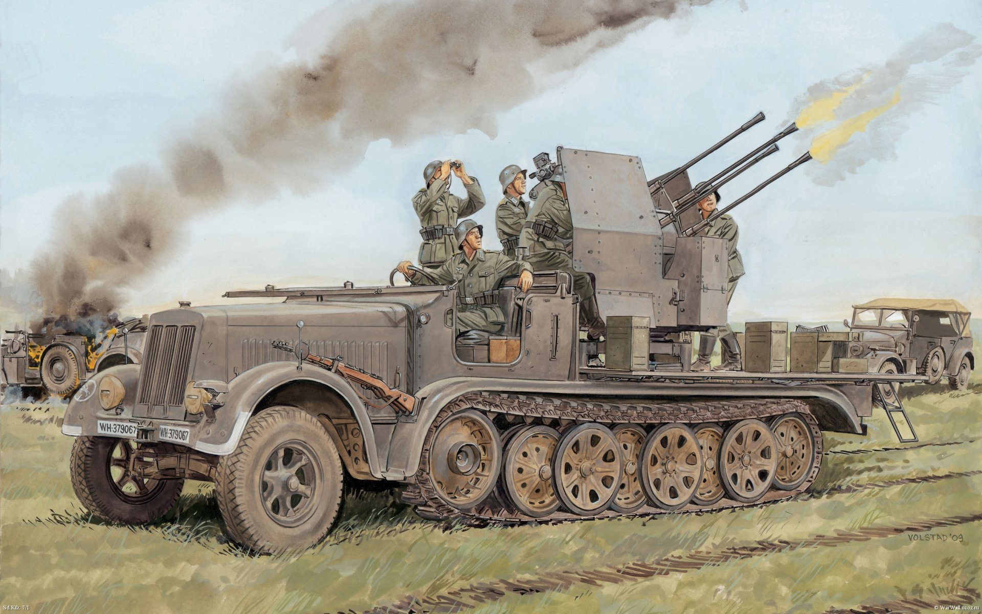 zeichnung deutsch flakvierling selbstfahrend installation zsu 20 mm flakvierling 38 flakvierling 38 auf selbstfahrende maschine sd.kfz.7 / 1 an der basis halbschlepper zugmaschine mittlerer zugkraftwagen 8t sd.kfz.7