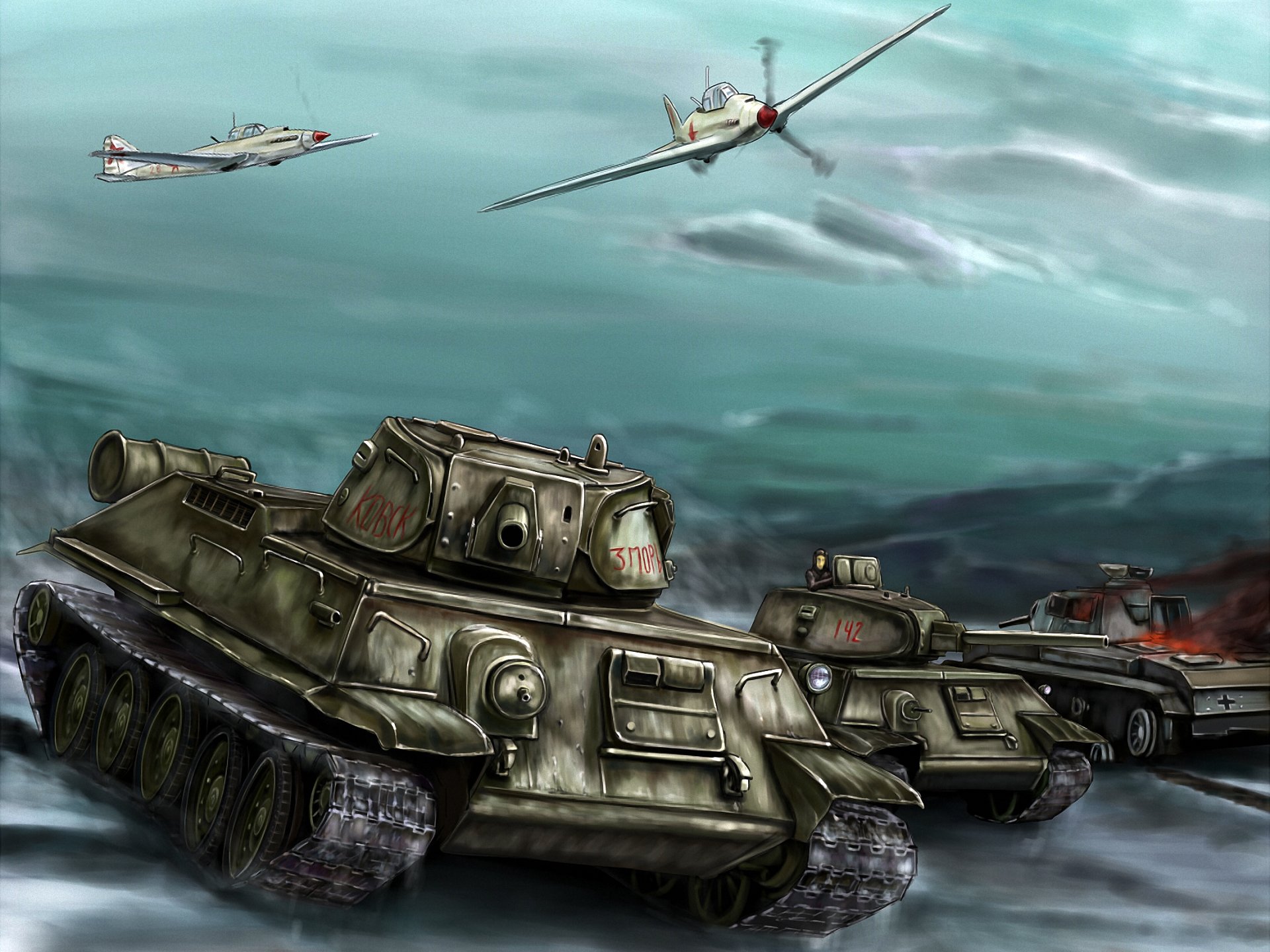 art wojna walka czołgi t-34-76 il-2 ofensywa wielka wojna ojczyzna rysunek