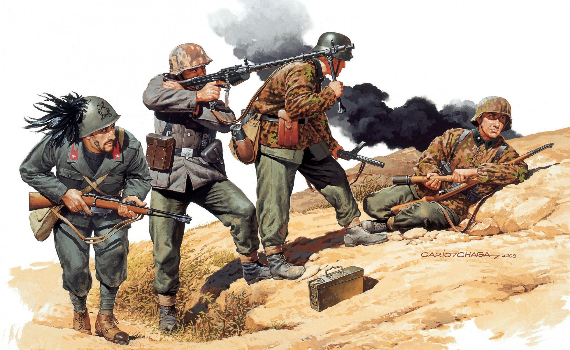 art yougoslavie 1944année soldats allemand italien armes mitraillettes fusil munitions camouflage seconde guerre mondiale dessin