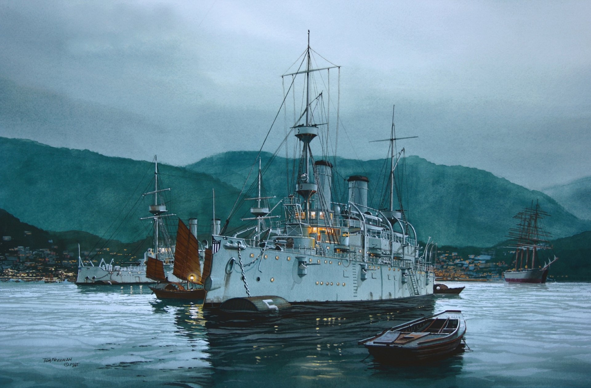 arte montañas puerto puerto agua buques de guerra cruceros velero juncos figura tom freeman