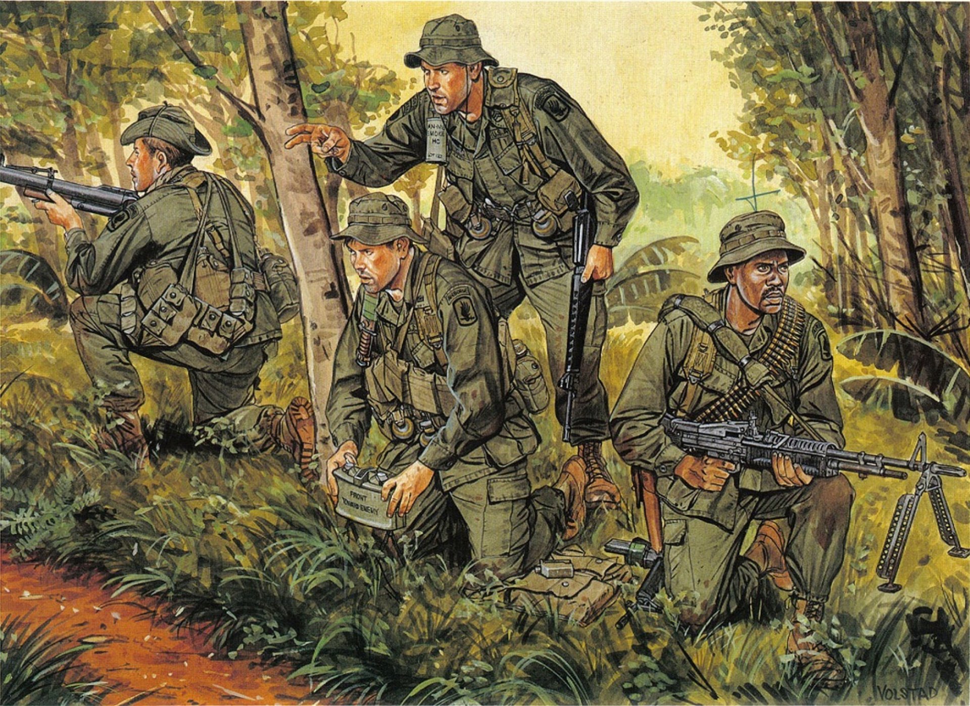 vietnam airborne troupes états-unis soldats équipement fusil mine jungle dessin