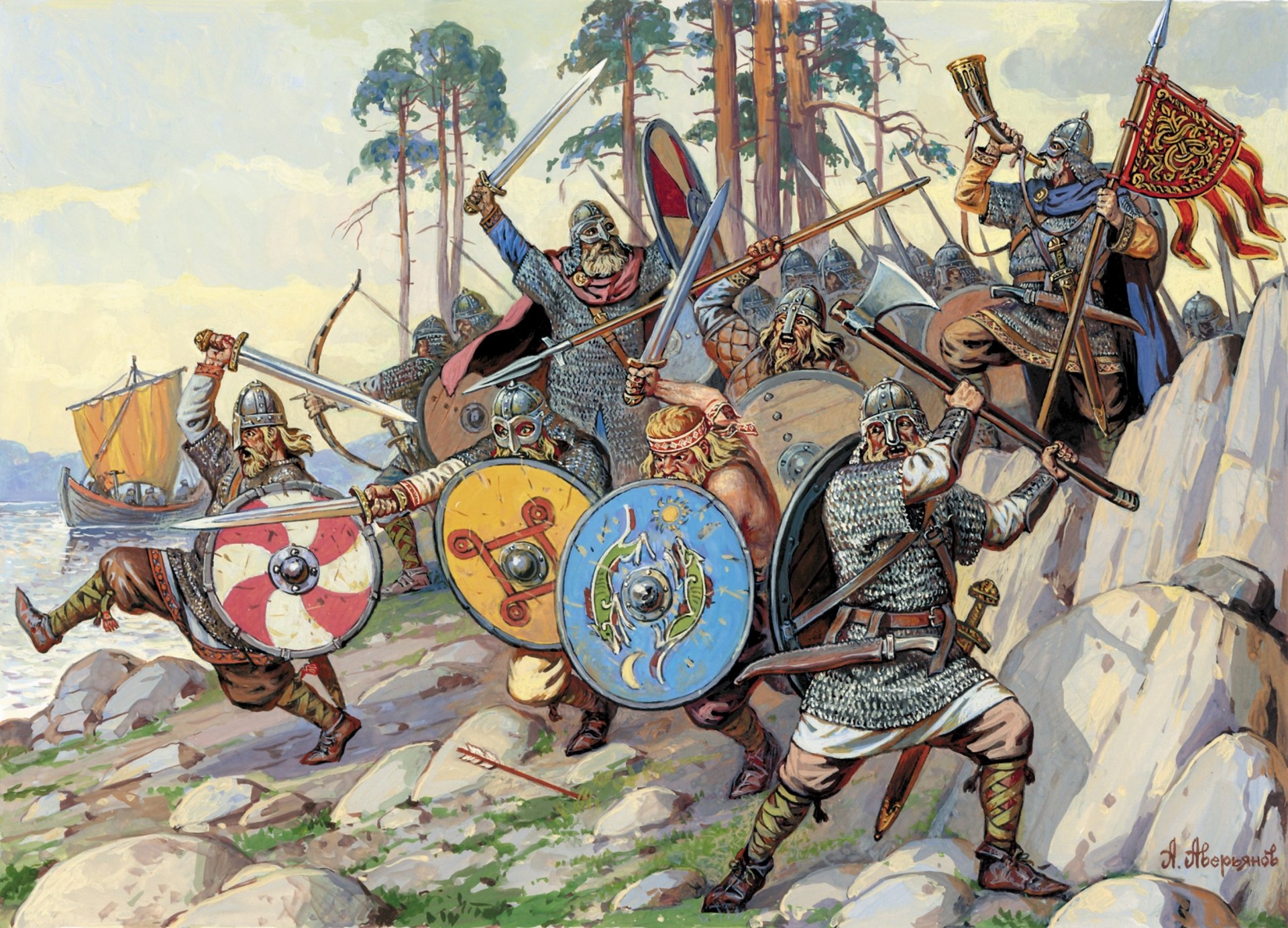 art côte pierres vikings épées lances boucliers eau rivière navire dessin a. averyanov