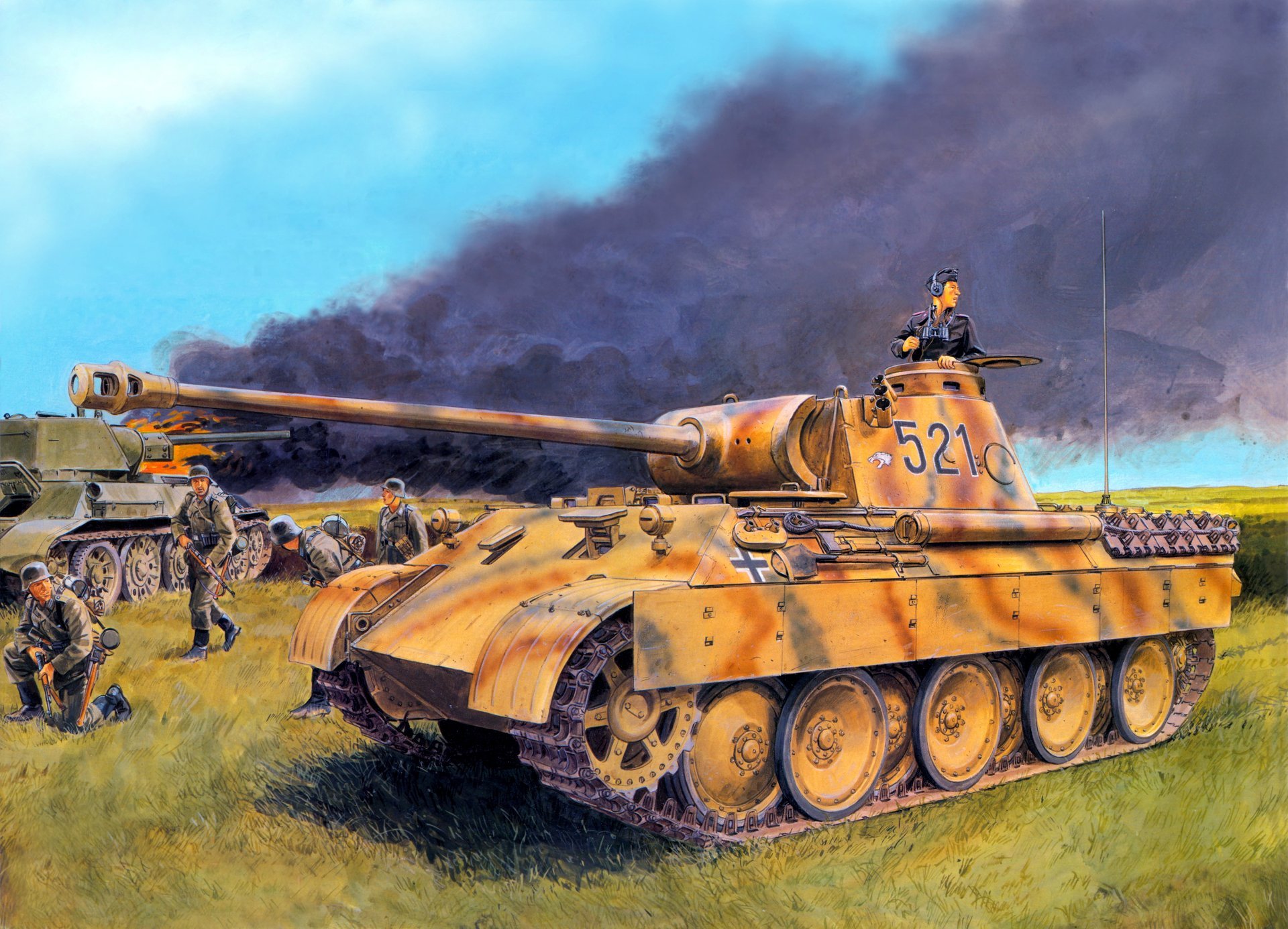 art field german soldiers german tank panther panzerkampfwagen v fire flame smoke burning t-34-76 great patriotic war