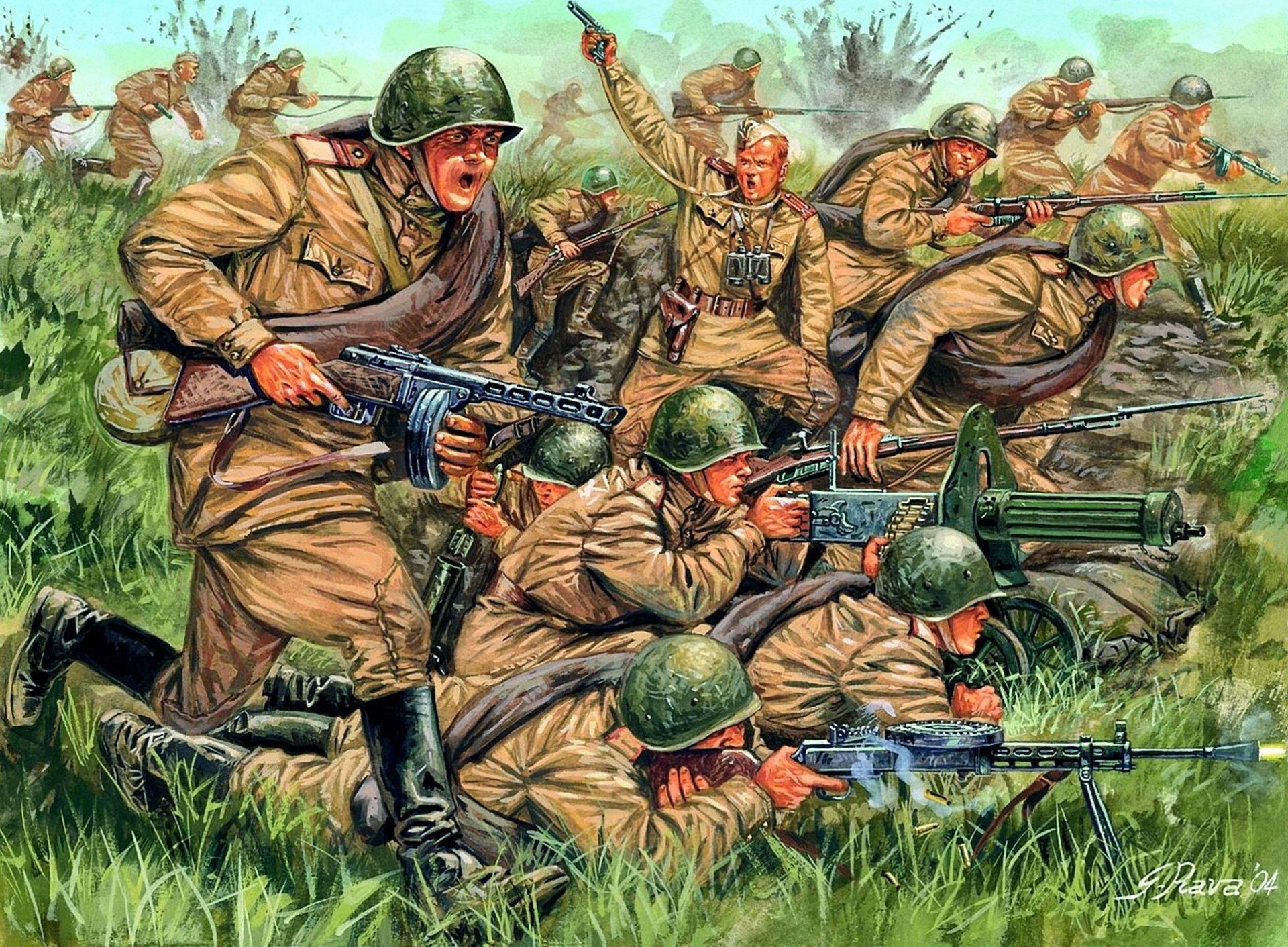 art soldiers attack soviet infantry in head with commander shooting explosions battle wwii ww2 artist giuseppe rava