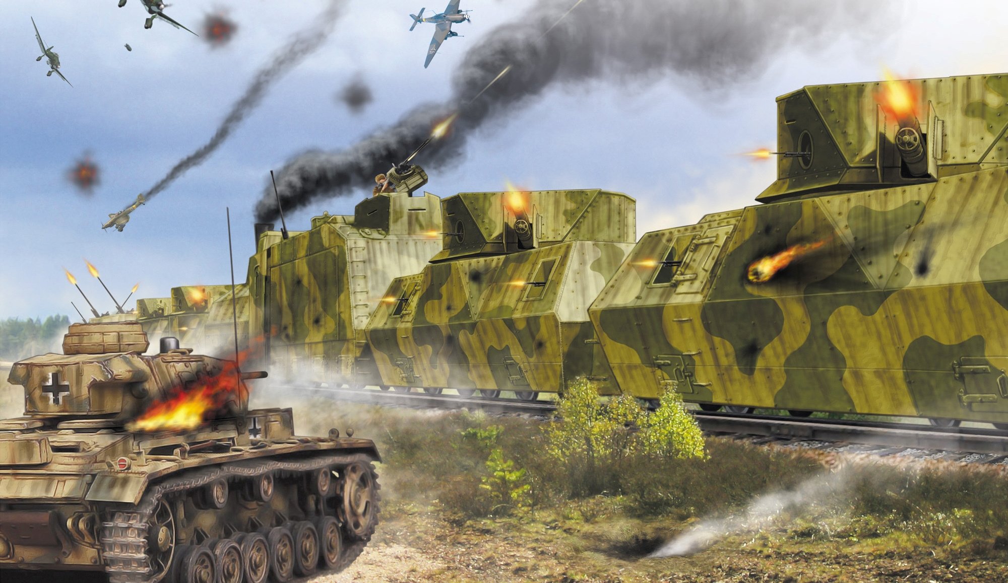 art armored train steel fortress red army battle for control over nodal station were especially fierce shot down german tank pz.kpfw . iii aircraft yu-87 ussr wwii ww2 artist valery petelin