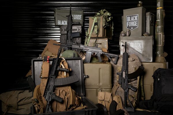 Submachine guns and rifles in the weapons warehouse