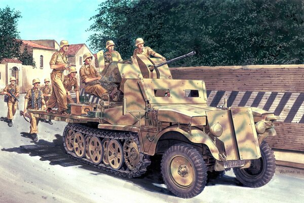 Drawing of a combat vehicle with soldiers