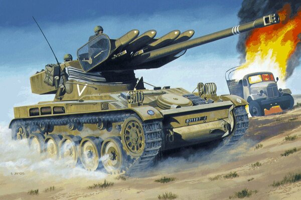 Panzer feuert in der Wüste
