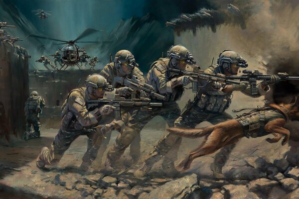 Soldiers with a shepherd dog storm the building