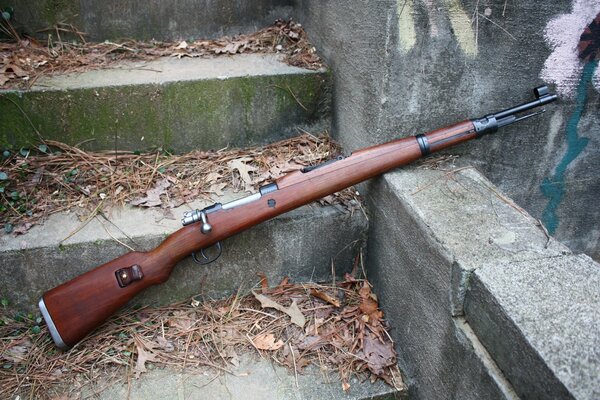 Fusil sur l escalier avec des feuilles d automne