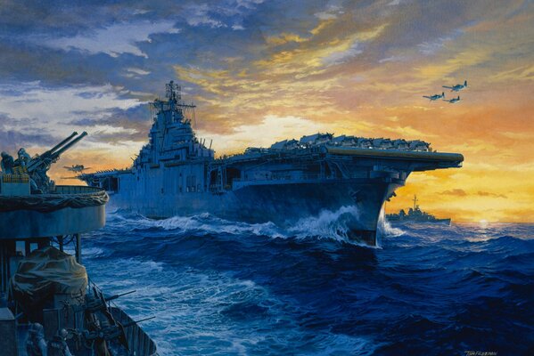 Painting sea sunset , military operations