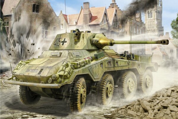 Drawing of a German armored car in the city