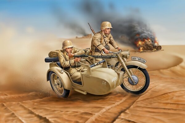 Dessin de soldats allemands sur une moto