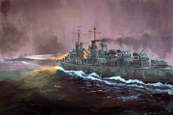 Okręt wojenny na wodzie promienie światła Latarnia morska ogień