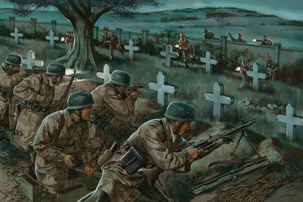 Soldati con fucili in guerra al cimitero