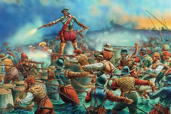 Abbildung des englischen Seefahrers Sir Francis Drake und seines Teams, die 1585-86 die spanischen Kolonien angriffen und eine Reihe hochkarätiger Siege errangen