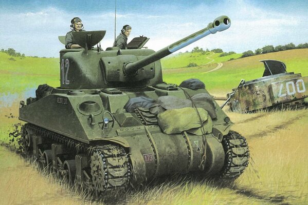 Panzer auf dem Feld während des Krieges. Zeichnung
