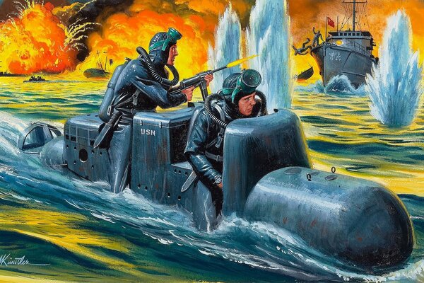 Deux hommes sur une torpille pendant la guerre