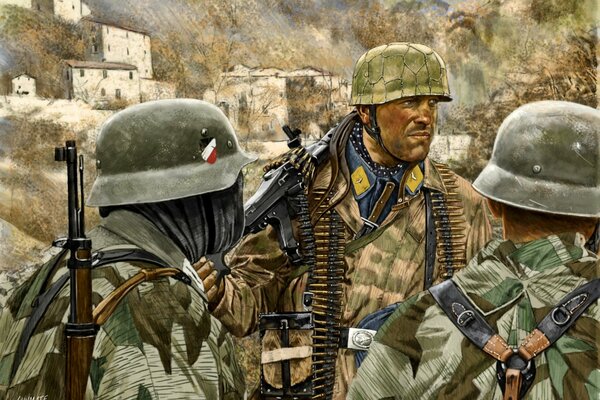 Drawing of soldiers in the mountains World War II