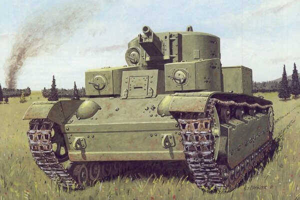 Dibujo de un tanque soviético en un campo verde