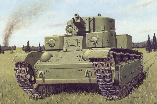 Dessin d un char soviétique dans un champ vert